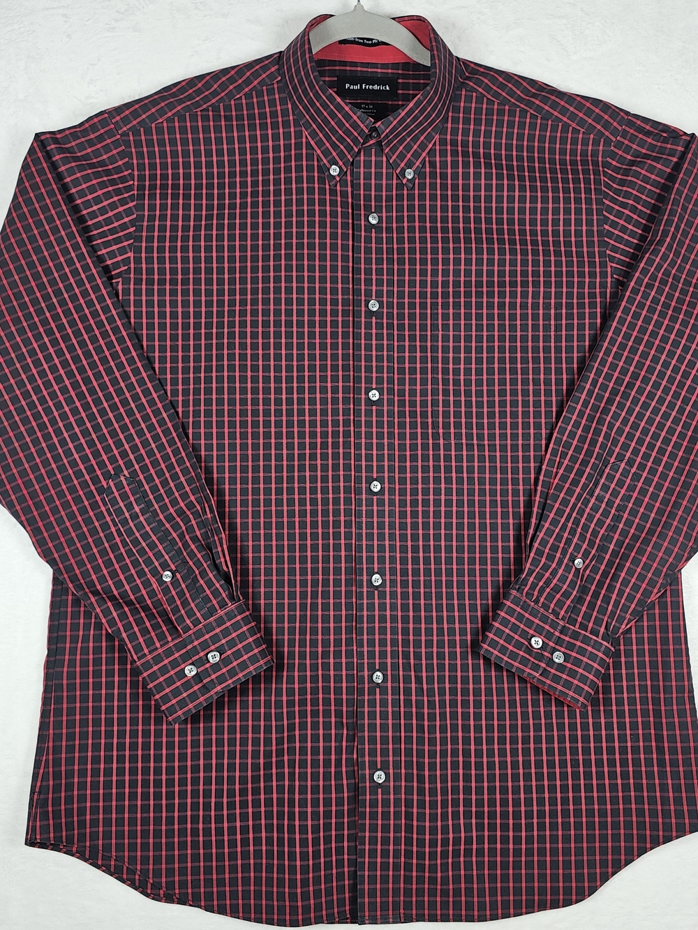 Paul Fredrick Dress Shirt Mens 17 x 34 Non-Iron Cotton Black Red Plaid
